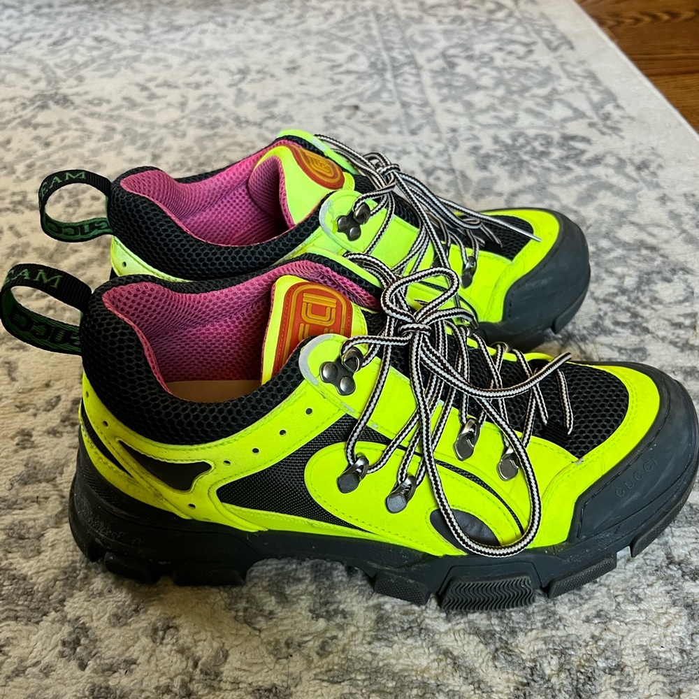 GUCCI Neon Yellow Reflective Flashtrek Hiking Sneakers Shoes Size & - Picture 2 of 4